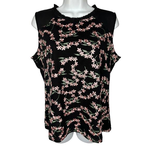 Tommy Hilfiger NWT Embroidered Blouse L Black Ruffled Trim Sleeveless Workwear - Picture 1 of 7